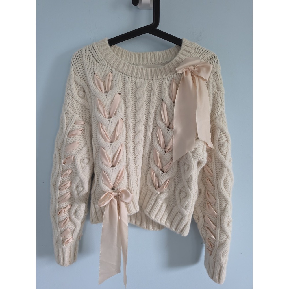 LoveShackFancy Parson Pullover cable-knit Alpaca sweater Bow Accent Size S - Picture 2 of 6
